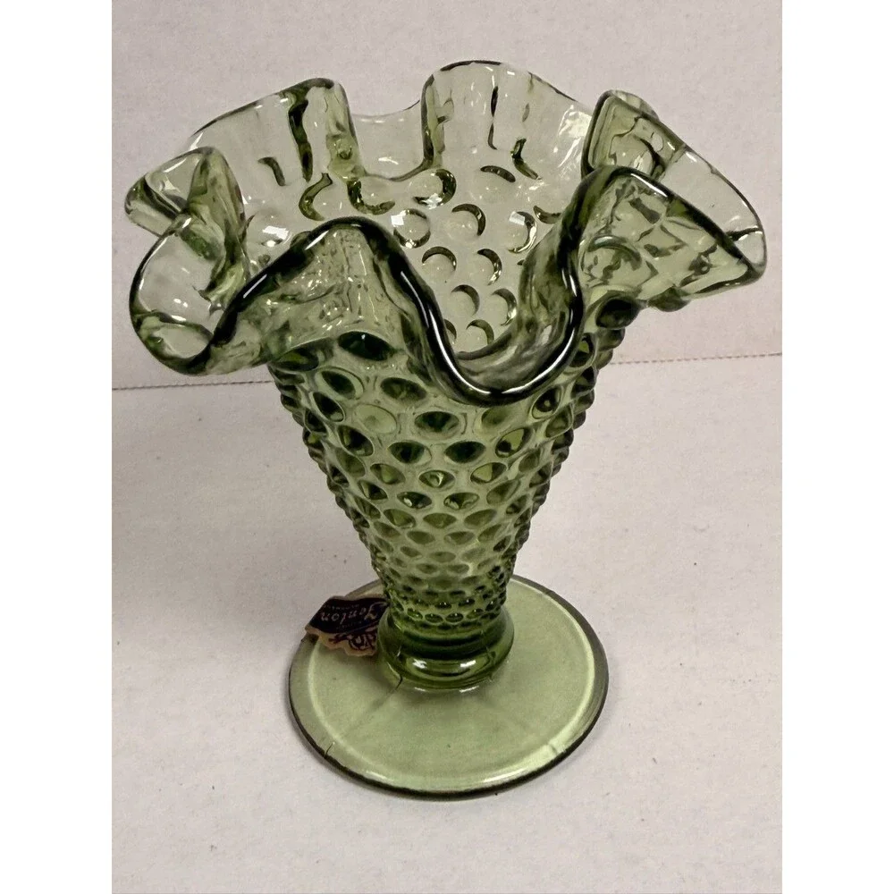 Fenton Art Glass Green Hobnail Vase Height 4
